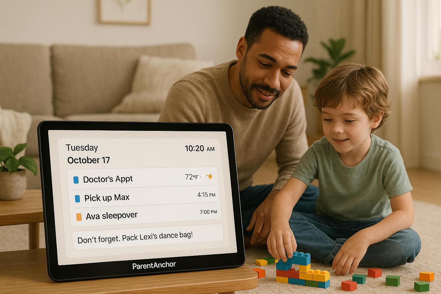 shared-parenting-tablet-father-son.png Father and son playing together near a tablet showing co-parenting calendar and schedule
